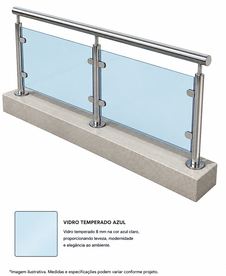 CORRIMAO EM ACO INOX 304 POLIDO COM VIDRO