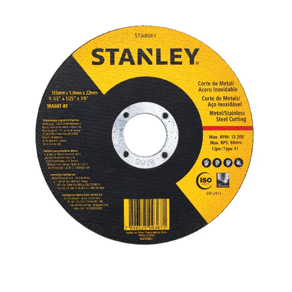 DISCO DE CORTE, 114,3 MM X 1,6 MM X 22,2 MM, PARA METAL/INOX, STA8063 STANLEY