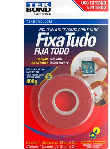 Fita dupla face acrílica, 12 mm x 2 m, uso externo e interno, fixa tudo, TEK BOND