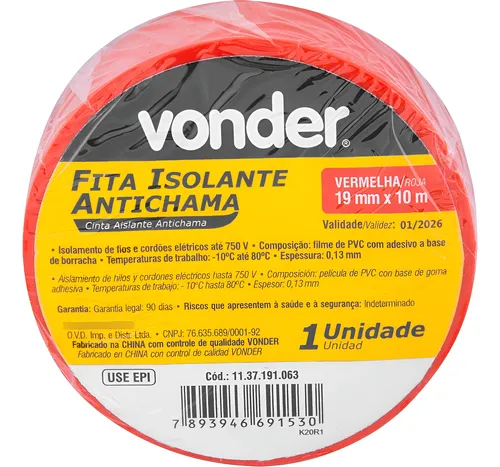 FITA ISOLANTE ANTI CHAMAS VERMELHA VONDER