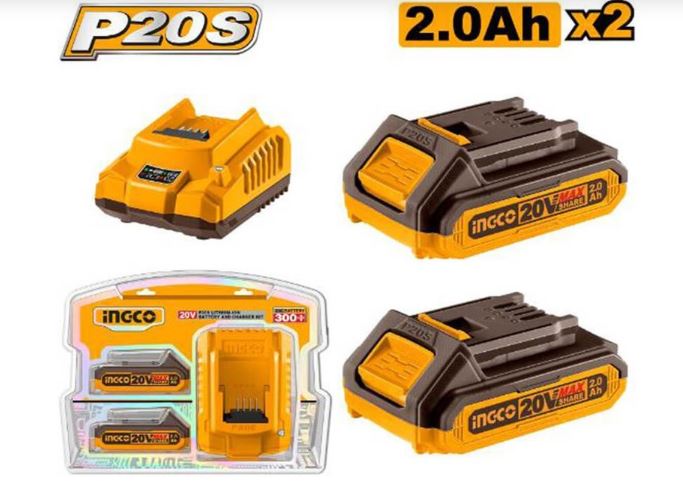 KIT COM 1 CARREGADOR INTEL 2AH E 2 BATERIAS ION-LITIO INGCO 2AH 20V LINHA P20S (Subst FBCPK1222-9)